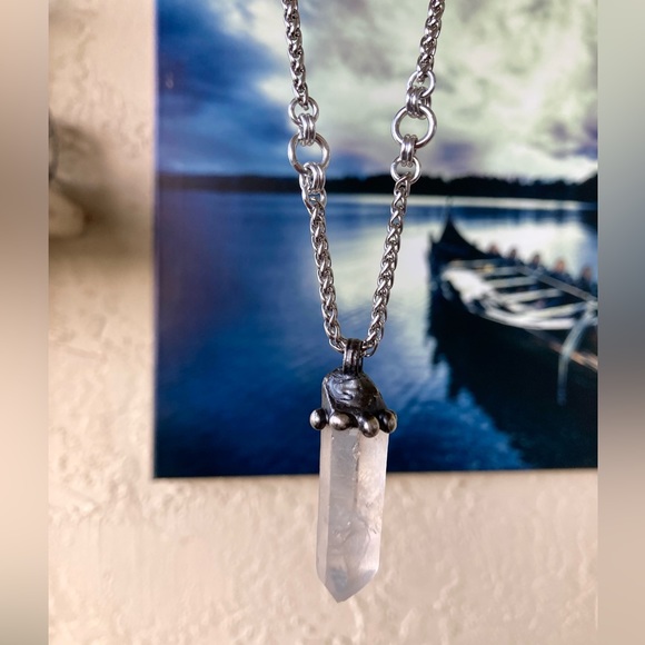 Natural raw clear crystal quartz gemstone boho goth stone charm steel necklace - Picture 13 of 16